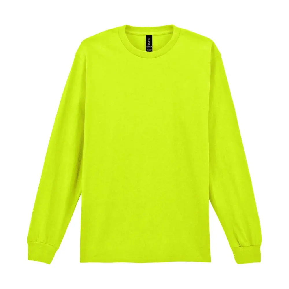 Gildan Ultra Cotton Pitkähihainen Huomiopaita kahdella Painatuksella - min. 20kpl - Vihreä (Safety Green-Yellow) / 3XL