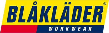 Kirkas keltainen ja punainen logo Blåkläder-työvaatteille, jossa rohkea sininen teksti.
