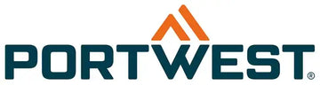 Portwest-logo, jossa rohkeat turkoosit kirjaimet ja oranssi vuorimainen tunnus tekstin yläpuolella.