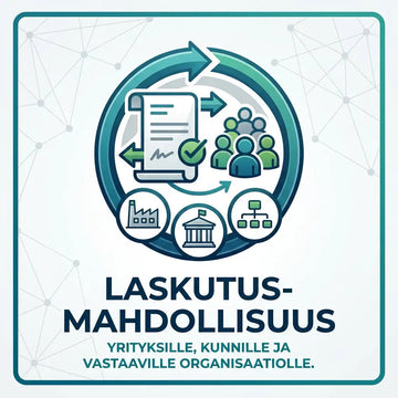 Pyöreä logo, jossa on asiakirja, jossa on tarkistusmerkki, ihmisryhmä, tehdas, hallintorakennus ja organisaatiokaavion kuvakkeita turkoosissa ja tummansinisessä.