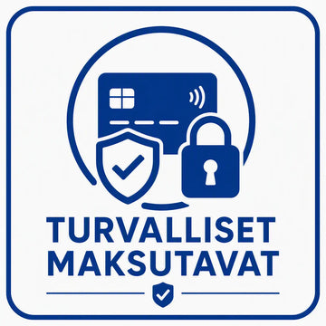Sininen kuvake, jossa näkyy luottokortti, tarkistusmerkillä varustettu kilpi ja lukkosymboli, jotka kuvaavat turvallisia maksuja.