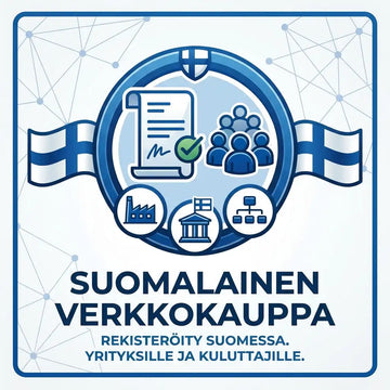 Sininen pyöreä logo, jossa on suomalaiset liput kummallakin puolella, kilpi, jossa on valtion tunnus ylhäällä, sekä asiakirjoja, ihmisiä, teollisuutta, hallintoa ja verkostoja kuvaavia kuvakkeita.