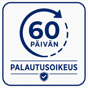 Sininen pyöreä logo, jossa teksti ”60 päivän” ja ”palautusoikeus”, ja alapuolella kilpikuvake.