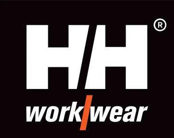 Valkoinen ja oranssi Helly Hansen -työvaatteiden logo mustalla taustalla.